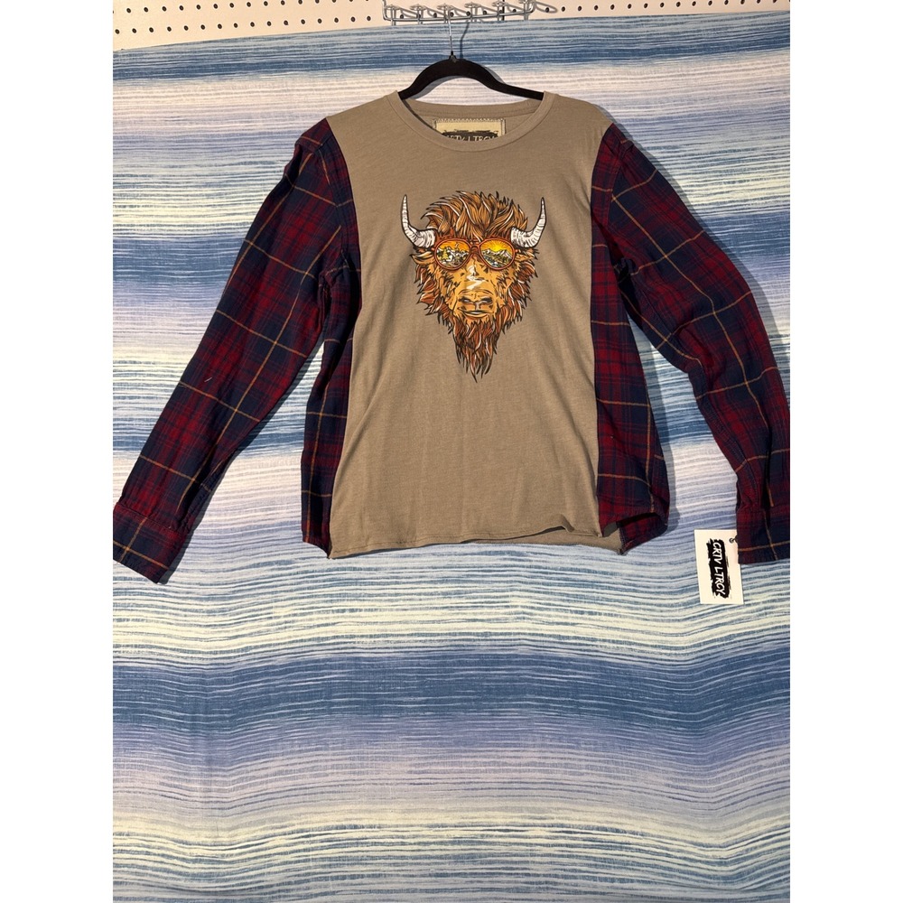 Upcycled Hybrid Flannel Tee Bison Graphic‎ Tan Red Plaid Long Sleeve Mens Medium